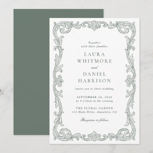 Elegant Vintage Baroque Frame Sage Green Wedding Invitation