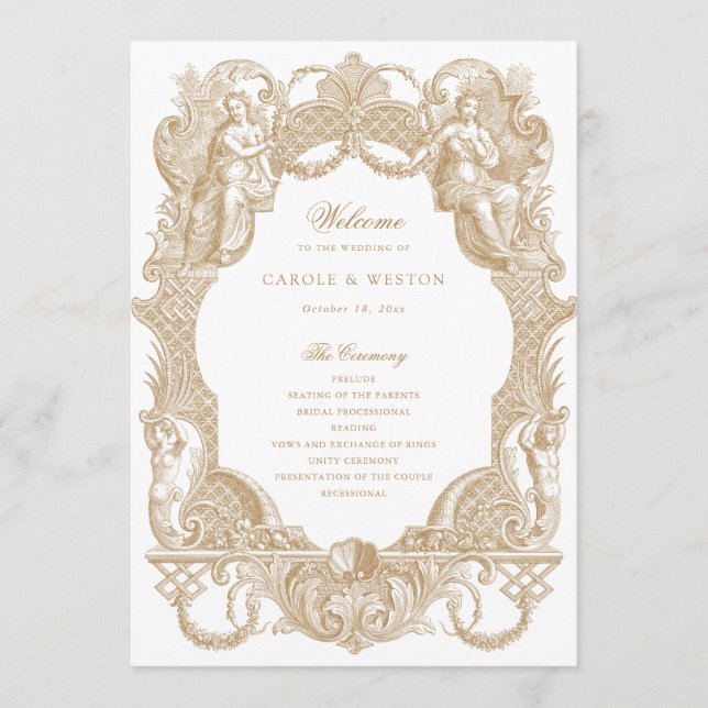 Elegant Vintage Baroque Frame Toile Gold Wedding Programme (Front)