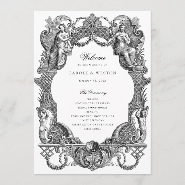 Elegant Vintage Baroque Frame Toile Wedding Programme (Front)