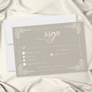 Elegant Vintage Baroque Neutral Tan Ivory Wedding RSVP Card