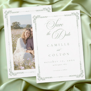 Elegant Vintage Baroque Sage Green Wedding Photo Save The Date