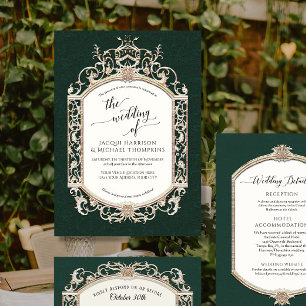 Elegant Vintage Baroque Victorian Emerald n Gold Invitation