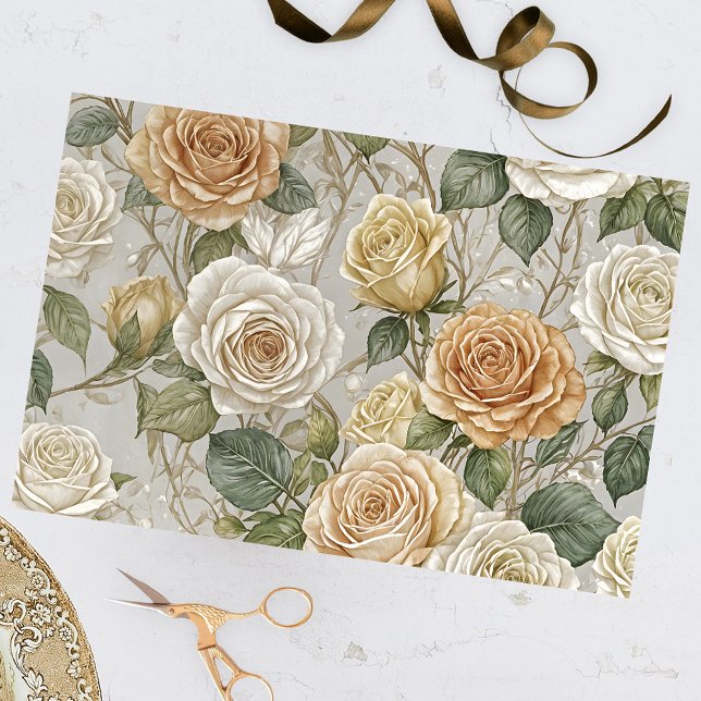 Elegant Vintage Beige and Cream Roses  Tissue Paper (Creator Uploaded)