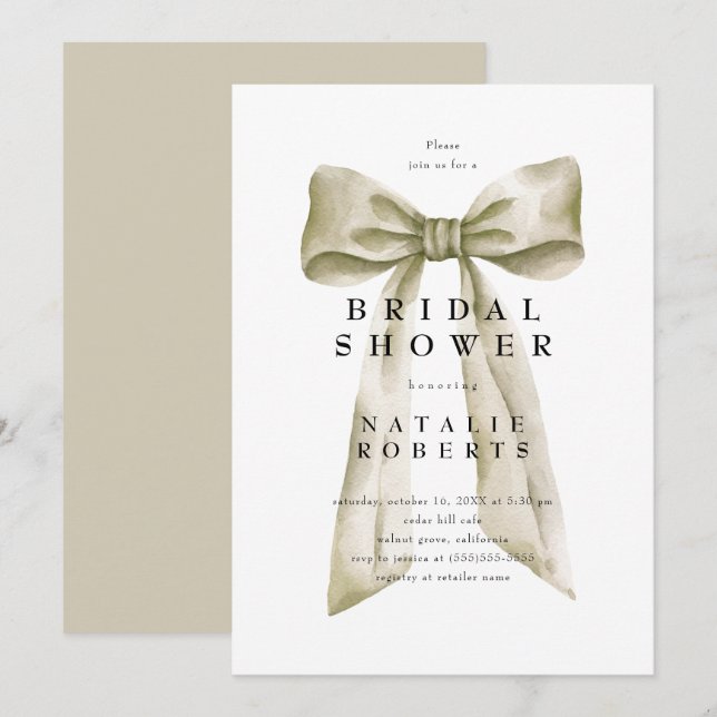 Elegant Vintage Beige Bow Bridal Shower Invitation (Front/Back)