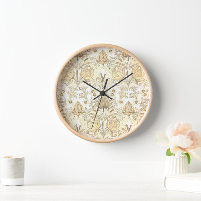 Elegant Vintage Beige Cream White Flowers Clock (Home)