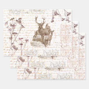 Elegant Vintage Beige Deer Wildflower Script Wrapping Paper Sheet