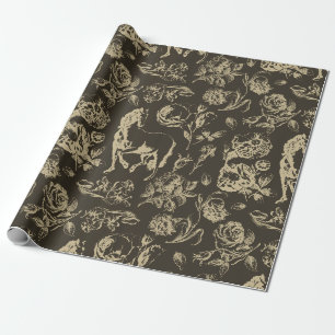 Elegant Vintage Beige Gold Horse Floral Pattern Wrapping Paper