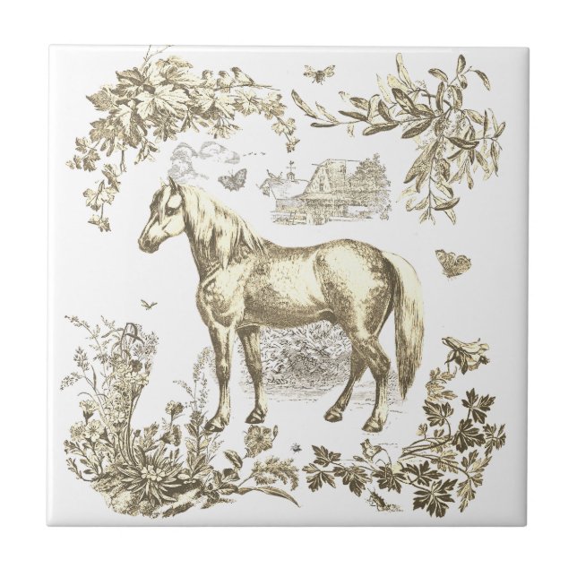 Elegant Vintage Beige Horse Floral Tile (Front)