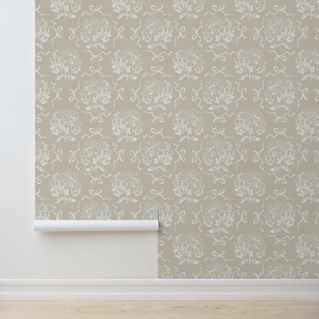 Elegant Vintage Beige Hydrangea Bow Pattern Wallpaper (Application)