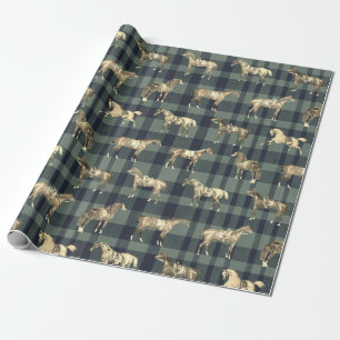 Elegant Vintage Beige Saddled Horses Blue Plaid Wrapping Paper