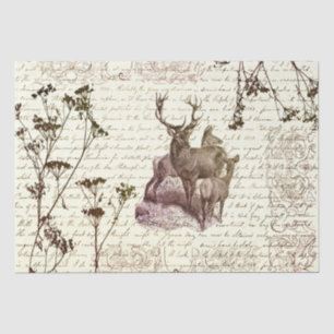 Elegant Vintage Beige Sepia Deer Flowers Script Tissue Paper