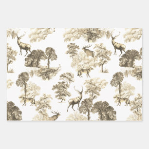 Elegant Vintage Beige Sepia Deer Fox Country Toile Wrapping Paper Sheet