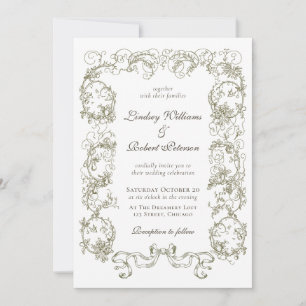 Elegant Vintage Beige White Ornate Floral Wedding Invitation