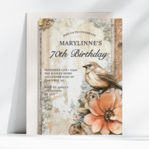 Elegant Vintage Bird Floral 70th Birthday Invitation