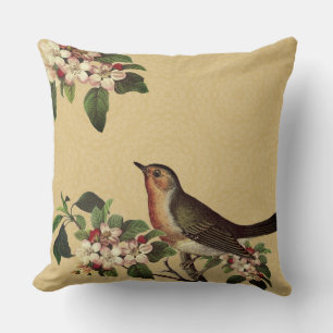 Elegant Vintage Bird on Apple Blossom Cushion