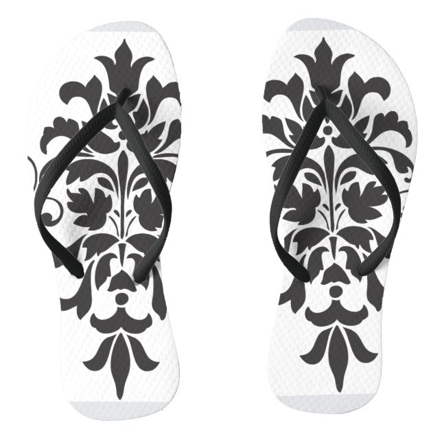 Elegant Vintage Black and White Damask  Flip Flops (Footbed)