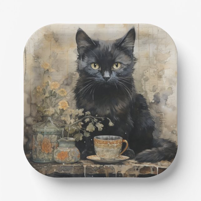 Elegant Vintage Black Cat Paper Plate (Front)