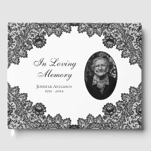 Elegant Vintage Black Floral Lace Funeral Photo Guest Book