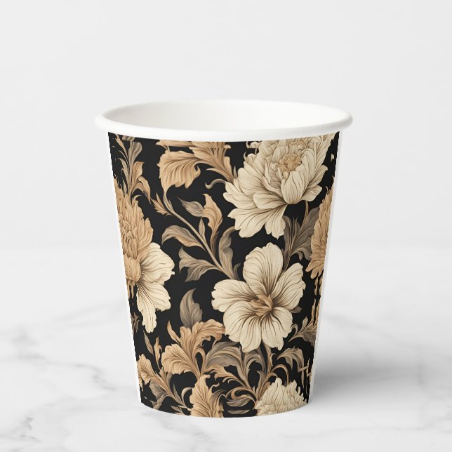Elegant Vintage Black Floral Pattern Paper Cups (Front)