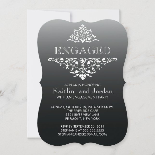 Elegant Vintage Black Flourish Engagement Party Invitation (Front)