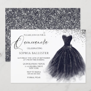 Elegant Vintage Black Glitter Gown Quinceanera Invitation