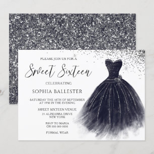 Elegant Vintage Black Glitter Gown Sweet 16 Party Invitation