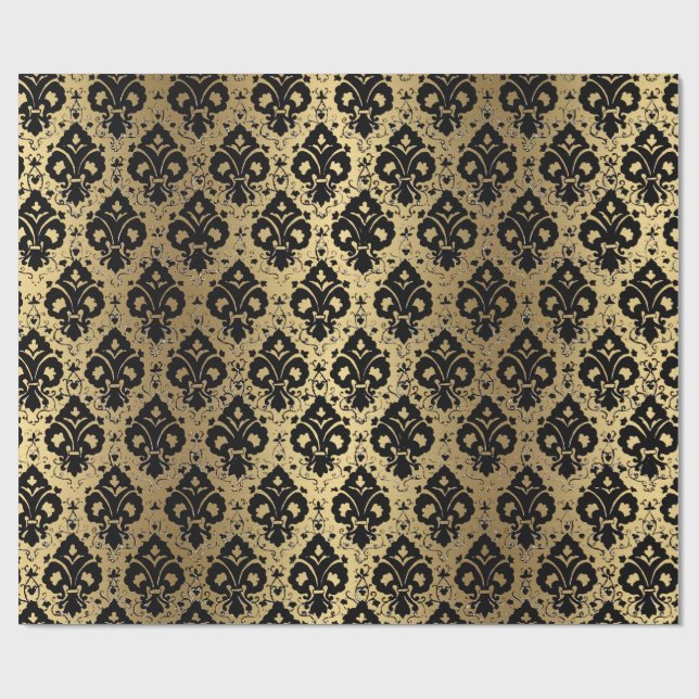 Elegant Vintage Black Gold Damask  Wrapping Paper (Flat)