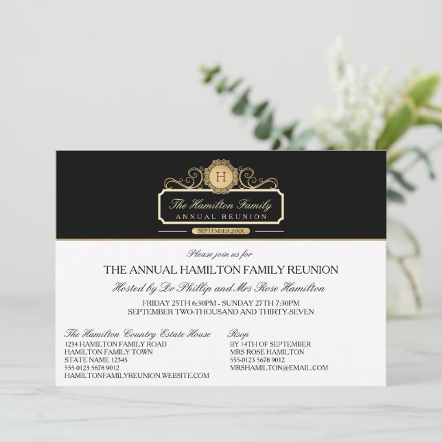 Elegant Vintage Black Gold Monogram Family Reunion Invitation (Standing Front)
