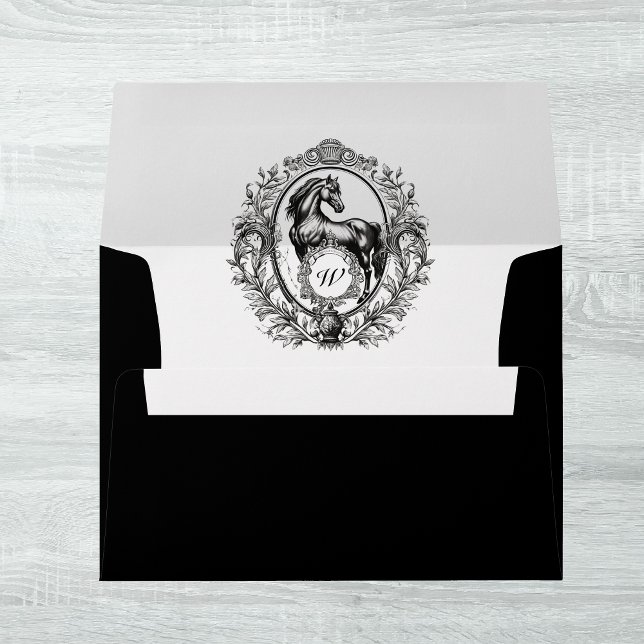 Elegant Vintage Black Horse Equestrian Monogram Envelope (Creator Uploaded)