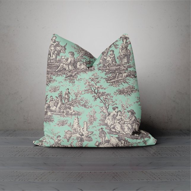 Elegant vintage black mint toile de jouy cushion (Creator Uploaded)