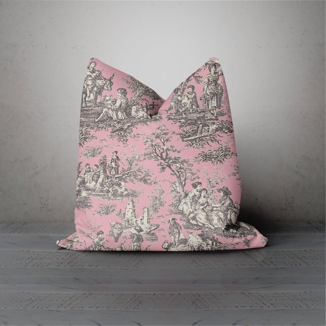 Elegant vintage black pink toile de jouy cushion (Creator Uploaded)