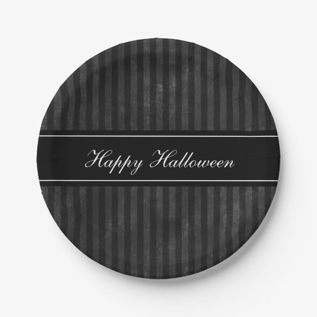 Elegant Vintage Black Stripes Happy Halloween Paper Plate (Front)