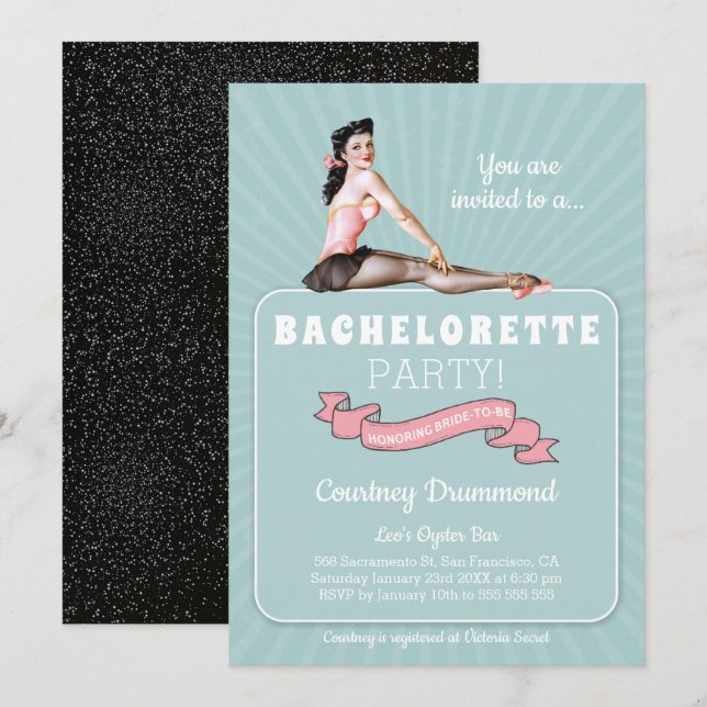 Elegant Vintage Black Teal Retro Bachelorette Invitation (Front/Back)