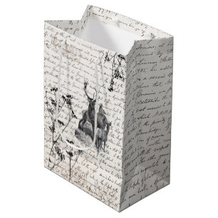 Elegant Vintage Black White Deer Wildflower Script Medium Gift Bag
