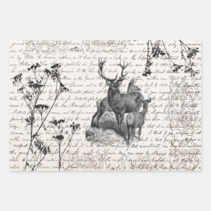 Elegant Vintage Black White Deer Wildflower Script Wrapping Paper Sheet