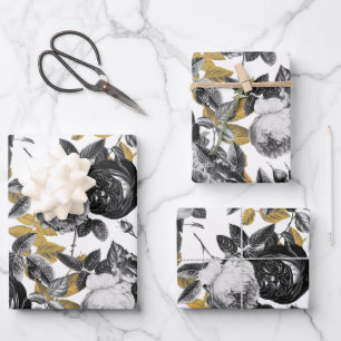 Elegant Vintage Black White English Roses Floral Wrapping Paper Sheet