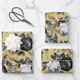 Elegant Vintage Black White Gold Roses Floral Wrapping Paper Sheet