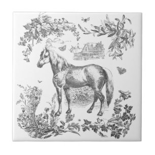 Elegant Vintage Black White Horse Floral Tile