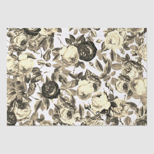 Elegant Vintage Black White Roses  Beige Tissue Paper (Front)