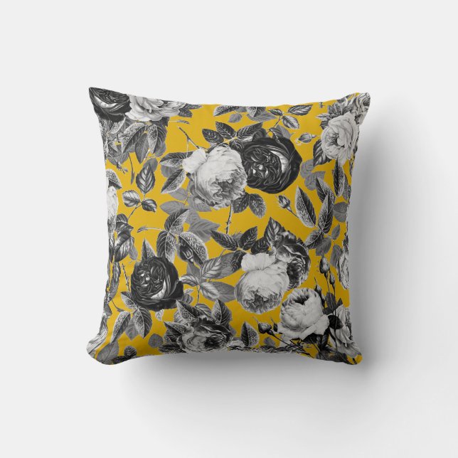 Elegant Vintage Black White Roses Mustard Yellow Cushion (Front)