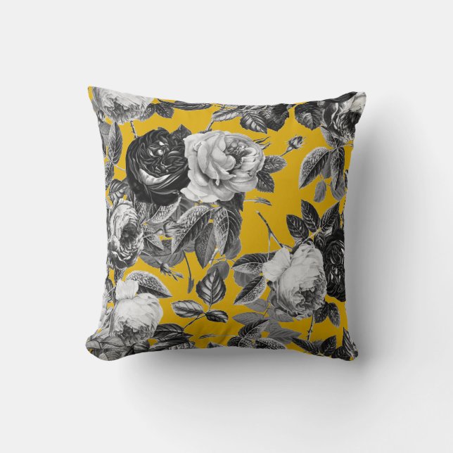 Elegant Vintage Black White Roses Mustard Yellow Cushion (Front)