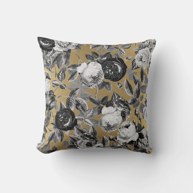 Elegant Vintage Black White Roses on Gold Cushion (Front)