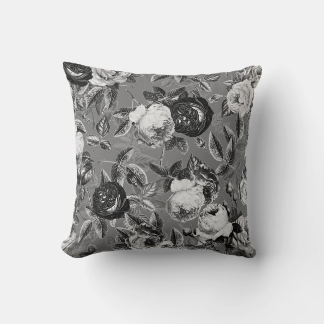 Elegant Vintage Black White Roses on Grey Cushion (Front)