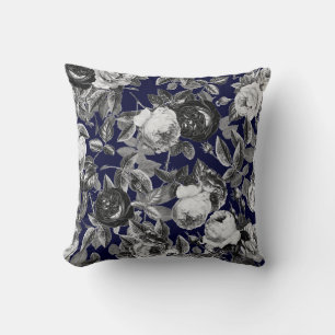 Elegant Vintage Black White Roses on Navy Blue Cushion