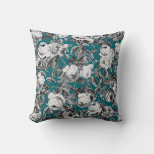Elegant Vintage Black White Roses on Teal Blue Cushion