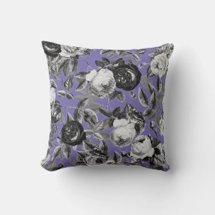 Elegant Vintage Black White Roses Periwinkle Blue Cushion