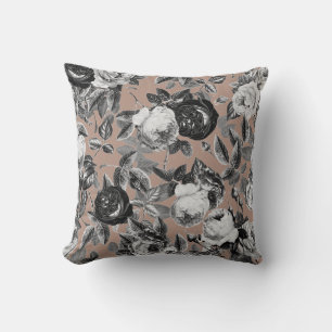 Elegant Vintage Black White Roses Pink Beige Cushion