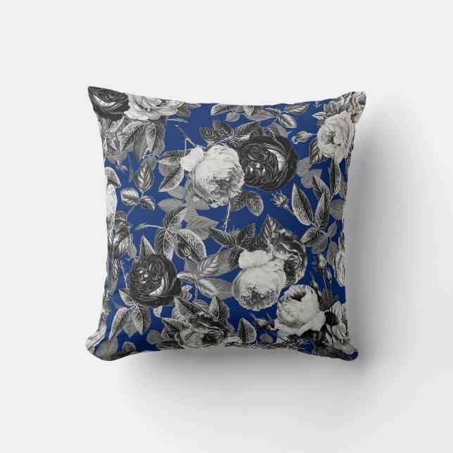 Elegant Vintage Black White Roses Royal Blue Cushion (Front)