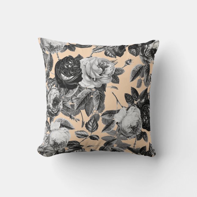 Elegant Vintage Black White Roses Tan Beige Cushion (Front)