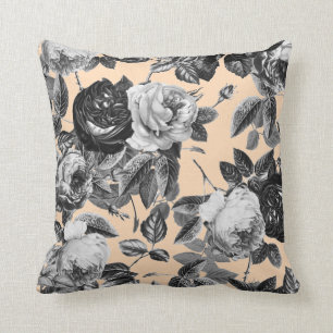 Elegant Vintage Black White Roses Tan Beige Cushion
